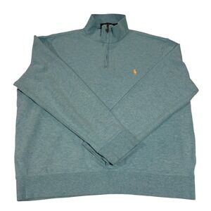 Polo Ralph Lauren Teal Yellow Pony Estate-Rib Quarter-Zip Pullover Sweater Sz LG